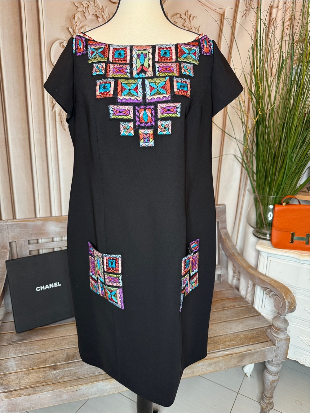 TONY WARD Black Midi Shift Dress with Multicolor Embroidered Accents